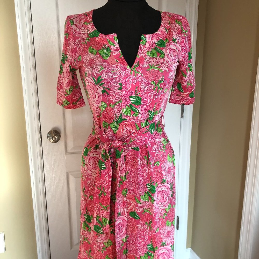 Lilly Pulitzer Pink Green Floral Silk Tie Waist Dress